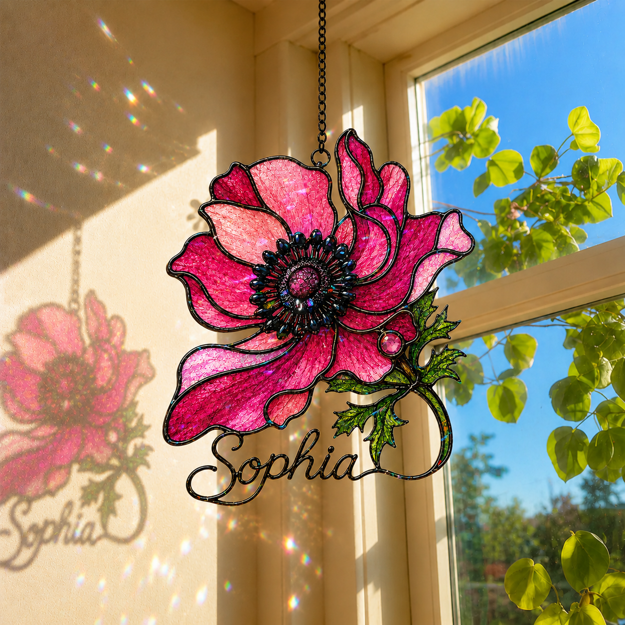 Personalized Pink Anemone Flower Holographic Acrylic Suncatcher