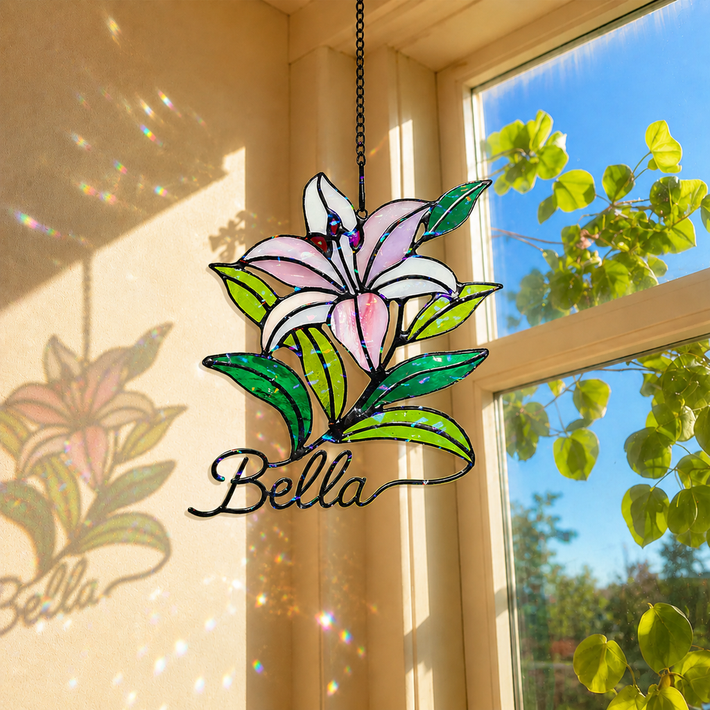 Personalized Pink Lily Flower Holographic Acrylic Suncatcher