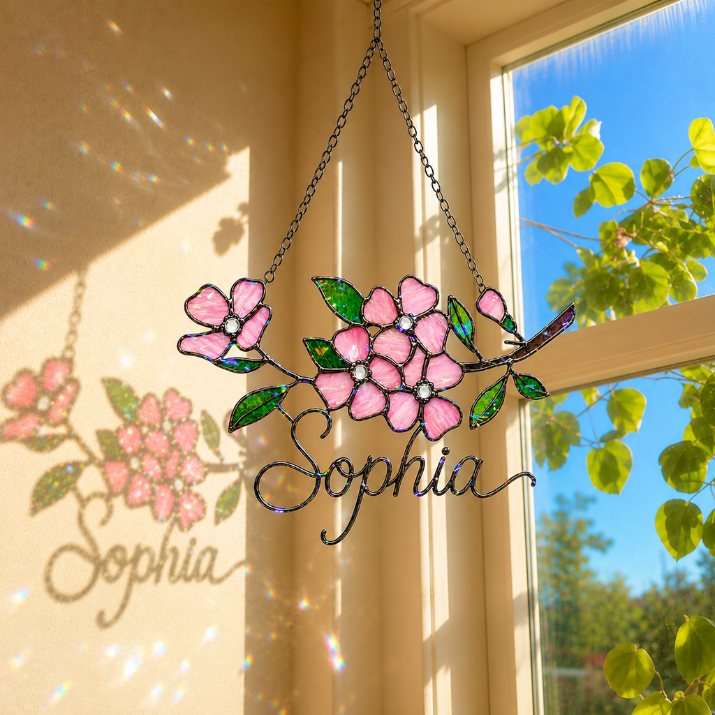Personalized Pink Cherry Blossom Branch Holographic Acrylic Suncatcher