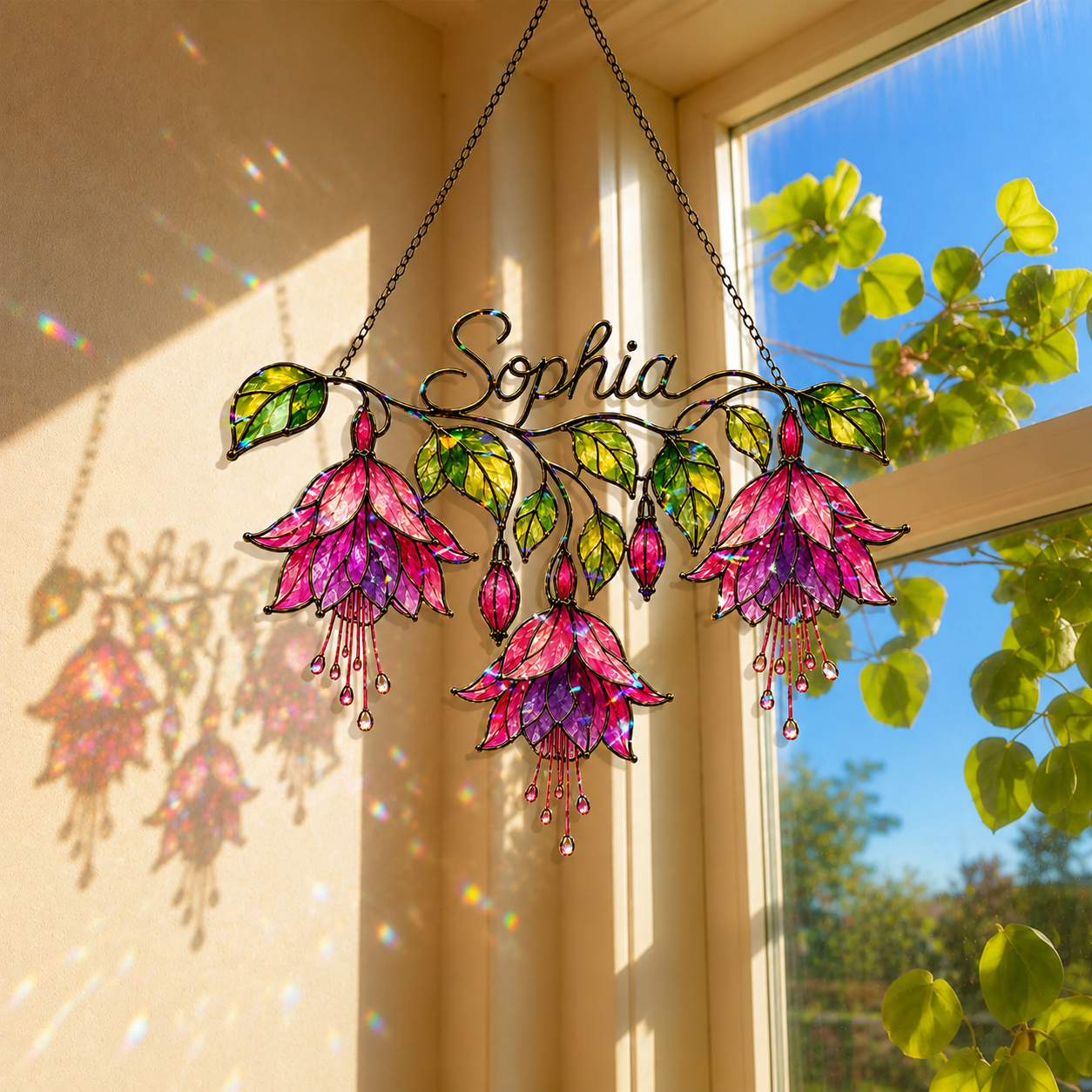Personalized Pink Fuchsia Flower Holographic Acrylic Suncatcher