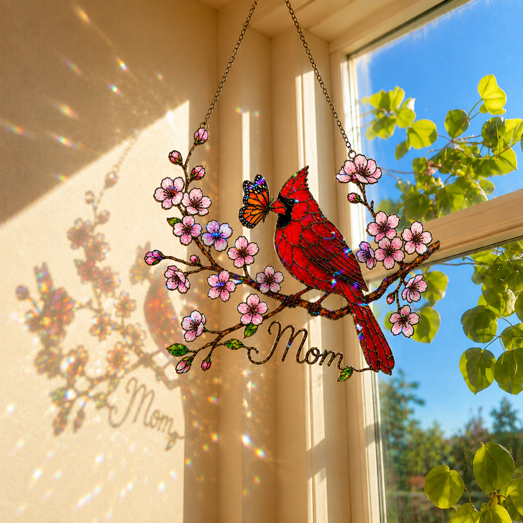 Personalized Cardinal & Cherry Blossom Holographic Acrylic Suncatcher