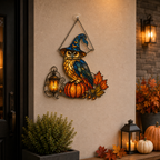 Witch Hat Owl on Pumpkin with Lantern Holographic Acrylic Suncatcher