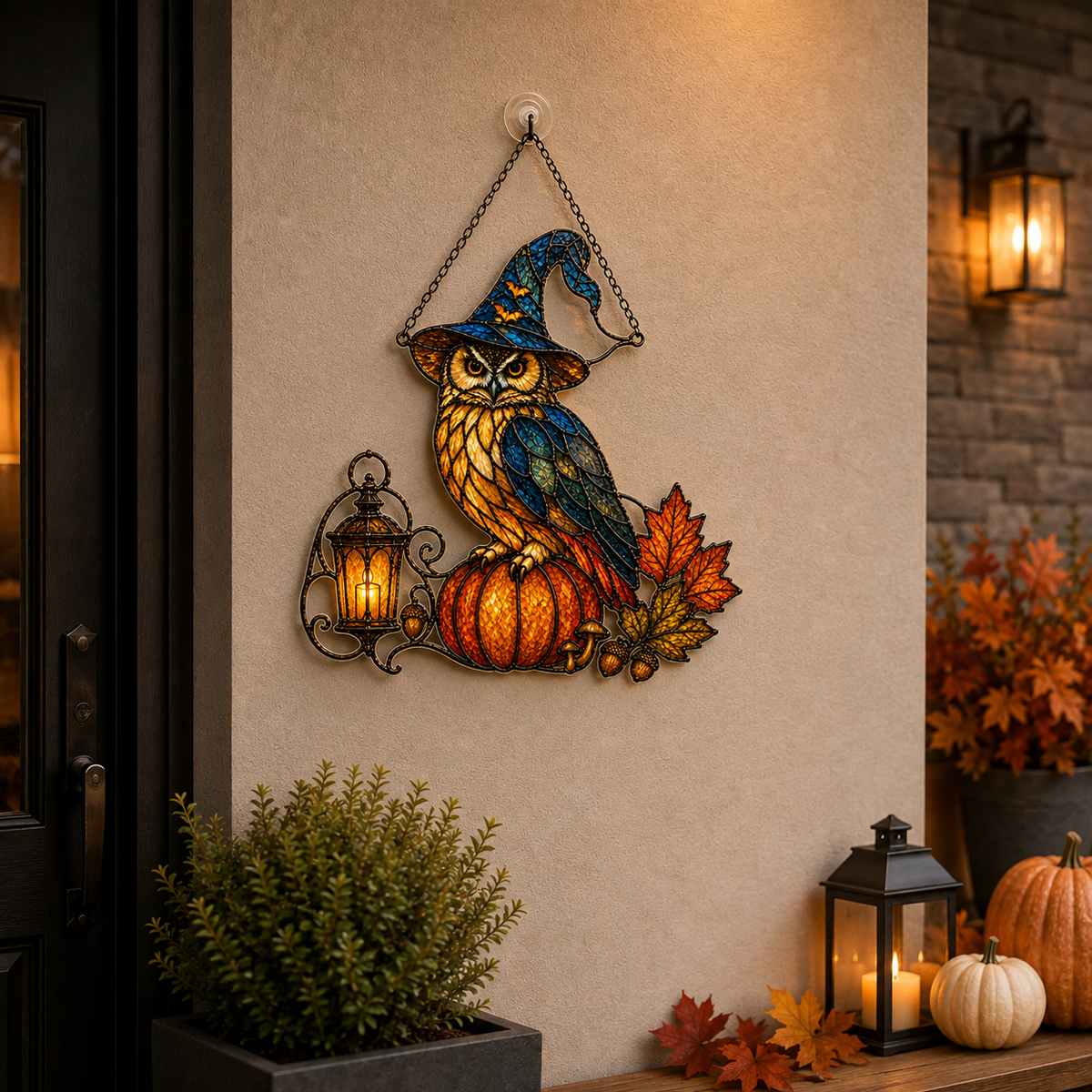 Witch Hat Owl on Pumpkin with Lantern Holographic Acrylic Suncatcher