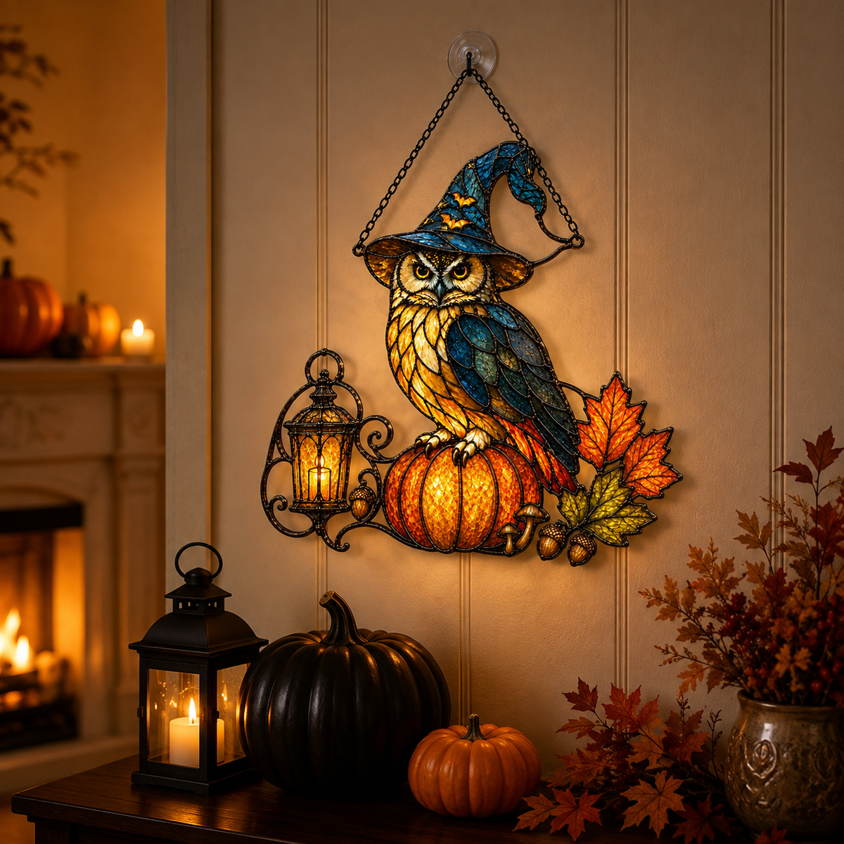 Witch Hat Owl on Pumpkin with Lantern Holographic Acrylic Suncatcher