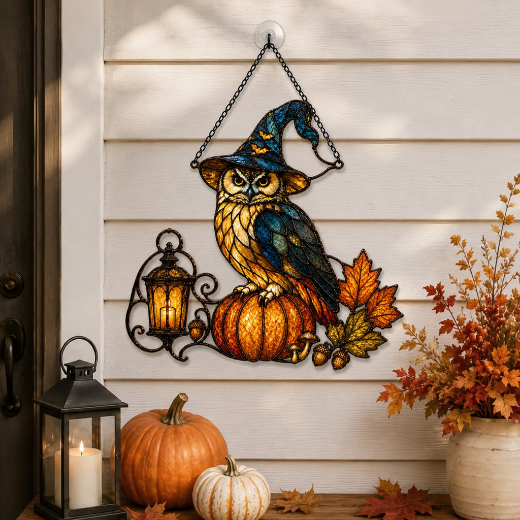 Witch Hat Owl on Pumpkin with Lantern Holographic Acrylic Suncatcher
