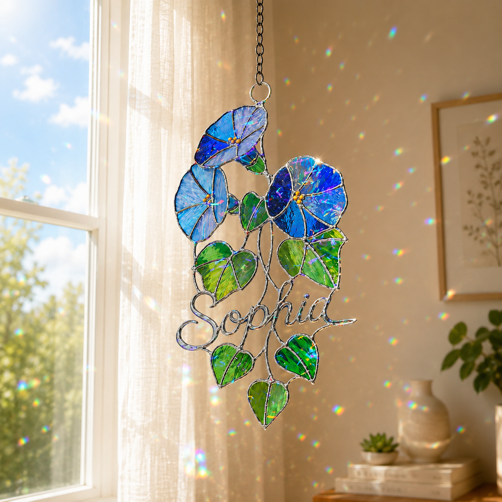 Personalized Blue Morning Glory Holographic Acrylic Suncatcher