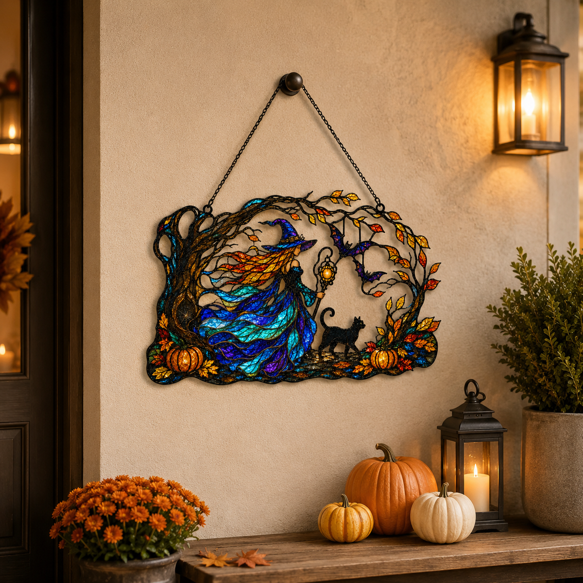 Witch with Flowing Gown & Black Cat Autumn Tree Holographic Acrylic Suncatcher