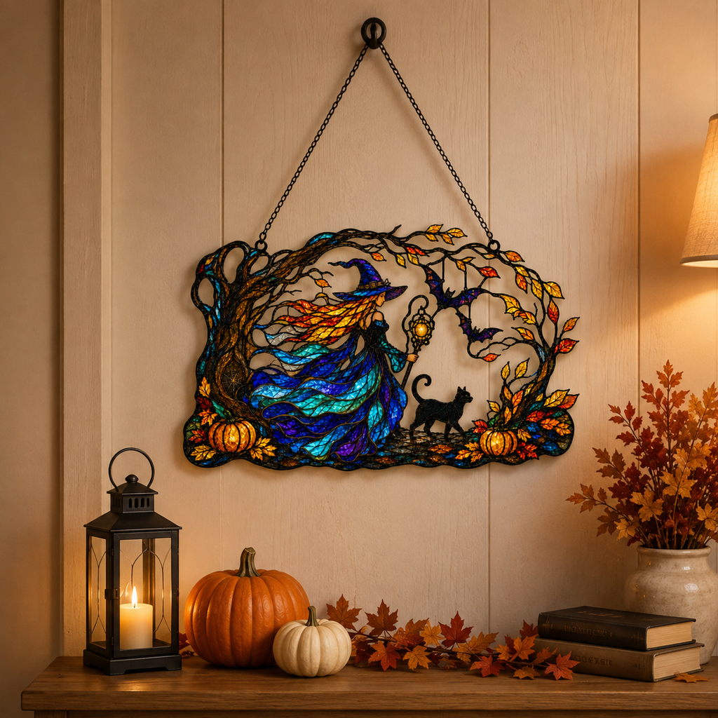 Witch with Flowing Gown & Black Cat Autumn Tree Holographic Acrylic Suncatcher
