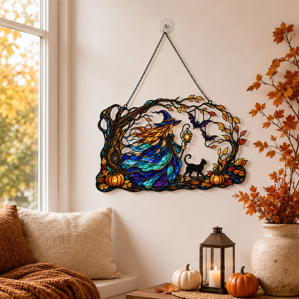 Witch with Flowing Gown & Black Cat Autumn Tree Holographic Acrylic Suncatcher
