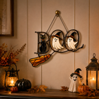 BOO Ghosts on Broomstick with Black Cat Holographic Acrylic Suncatcher