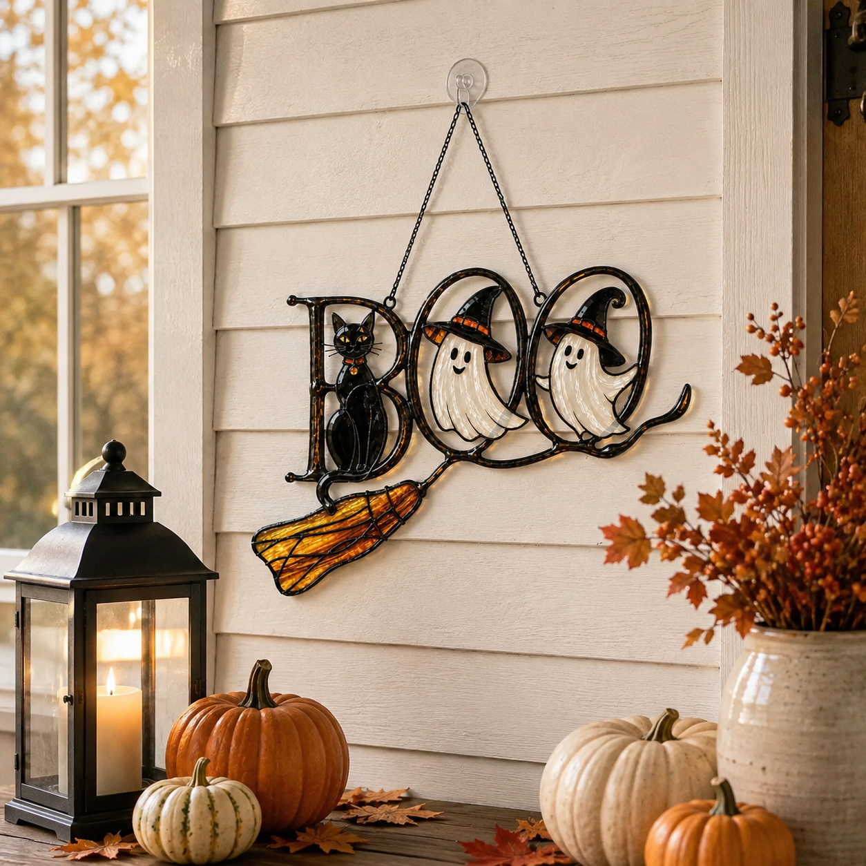 BOO Ghosts on Broomstick with Black Cat Holographic Acrylic Suncatcher