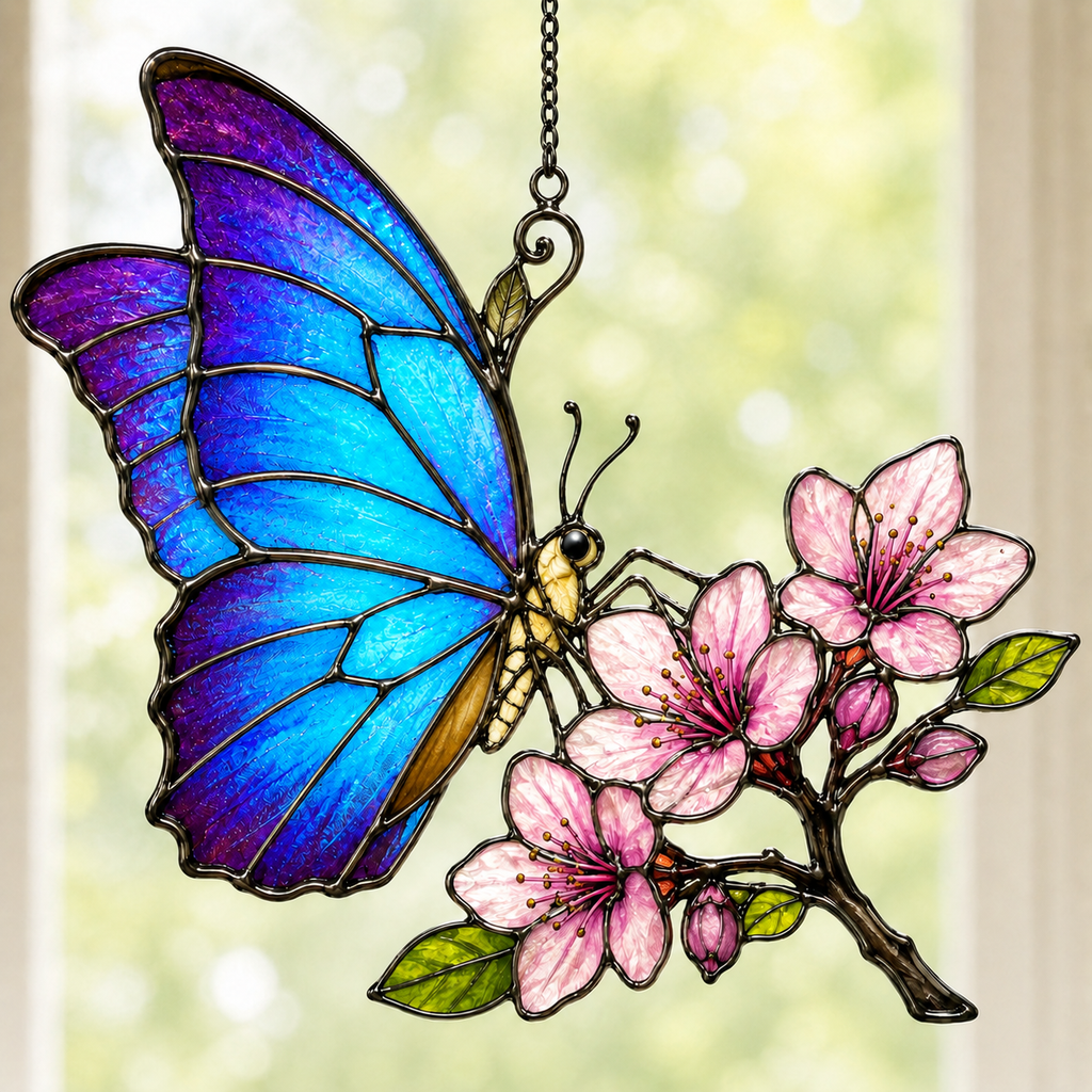Blue Morpho Butterfly & Pink Cherry Blossom Holographic Acrylic Suncatcher