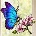 Blue Morpho Butterfly & Pink Cherry Blossom Holographic Acrylic Suncatcher
