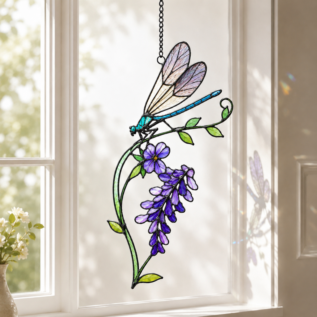 Dragonfly & Purple Wisteria Holographic Acrylic Suncatcher