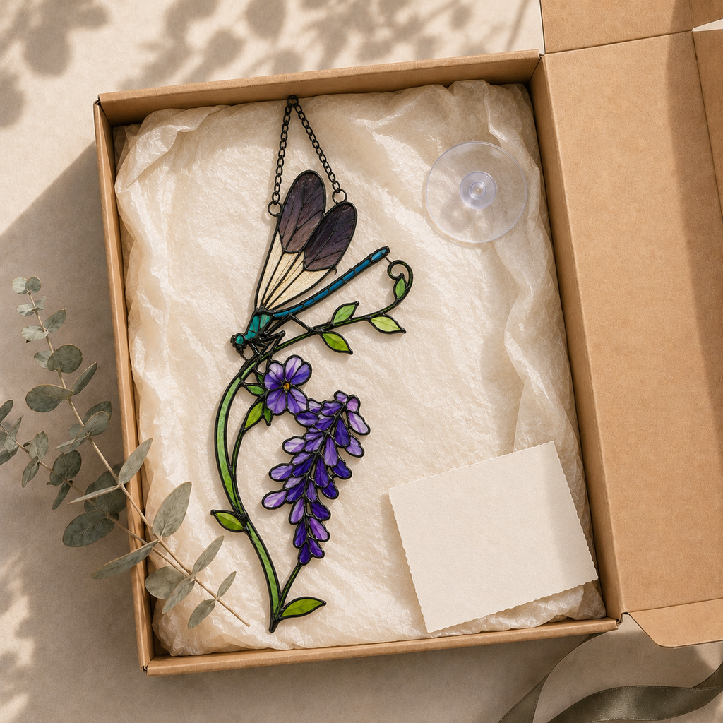 Dragonfly & Purple Wisteria Holographic Acrylic Suncatcher