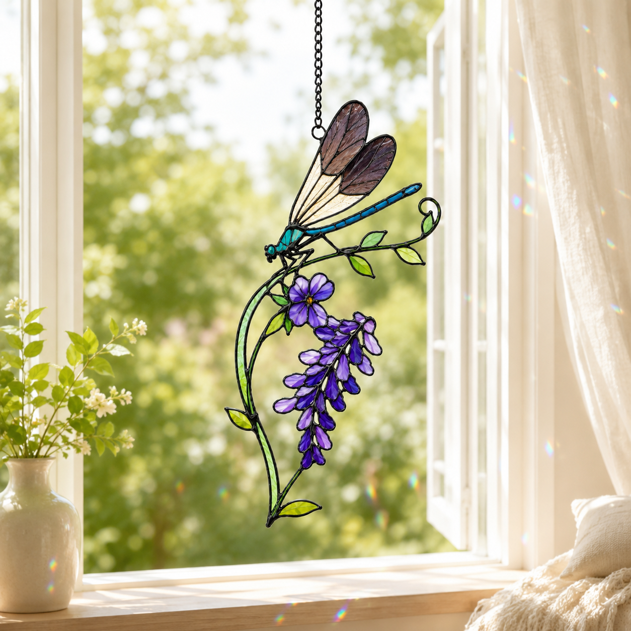 Dragonfly & Purple Wisteria Holographic Acrylic Suncatcher