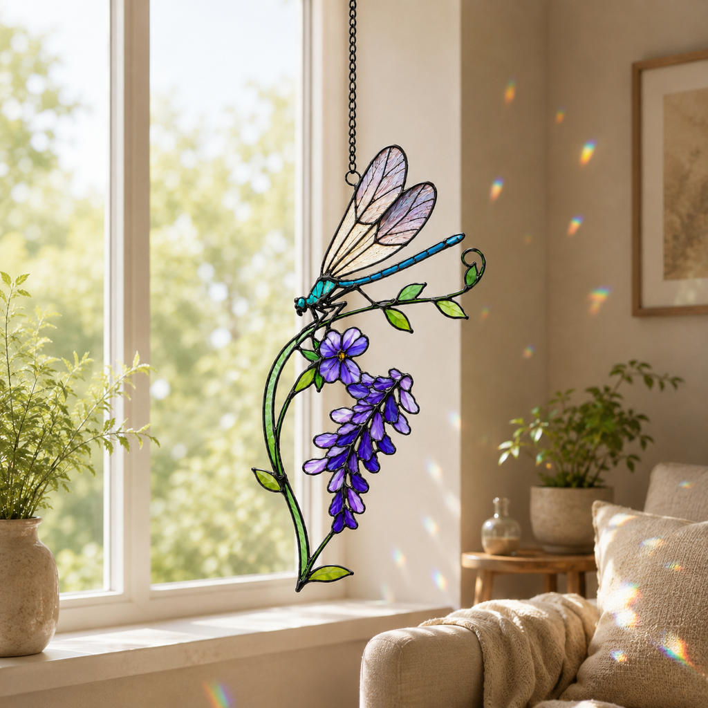 Dragonfly & Purple Wisteria Holographic Acrylic Suncatcher