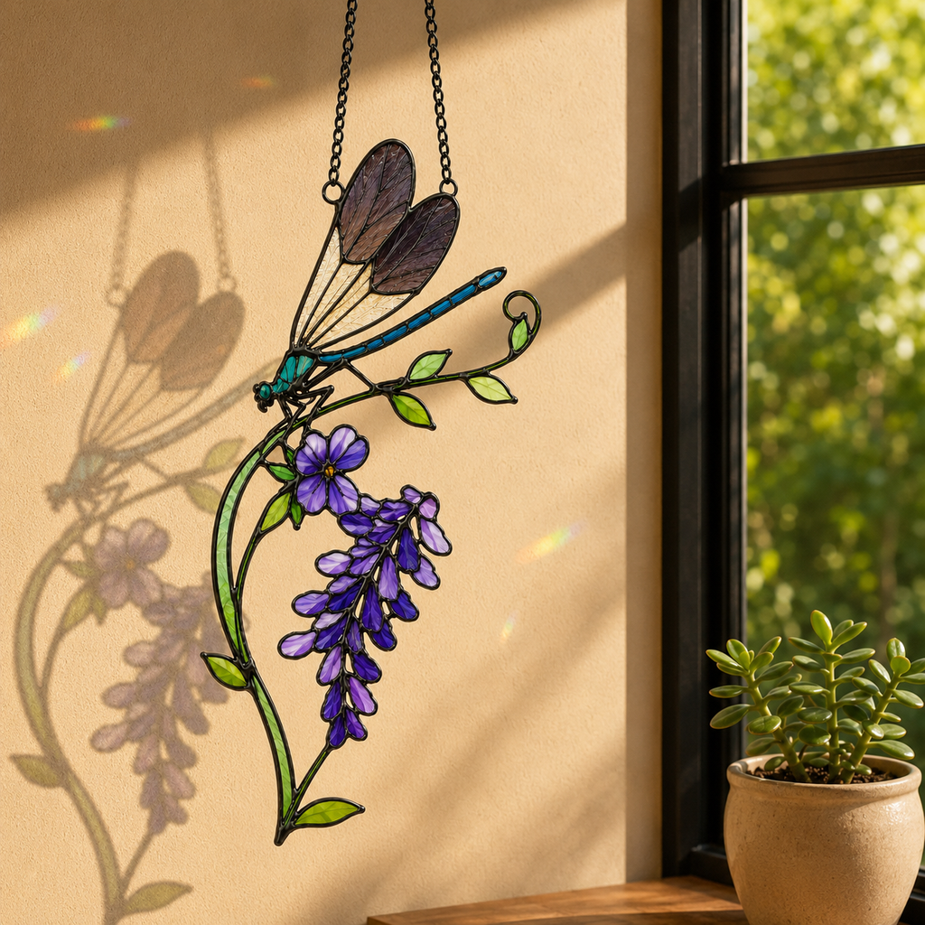 Dragonfly & Purple Wisteria Holographic Acrylic Suncatcher