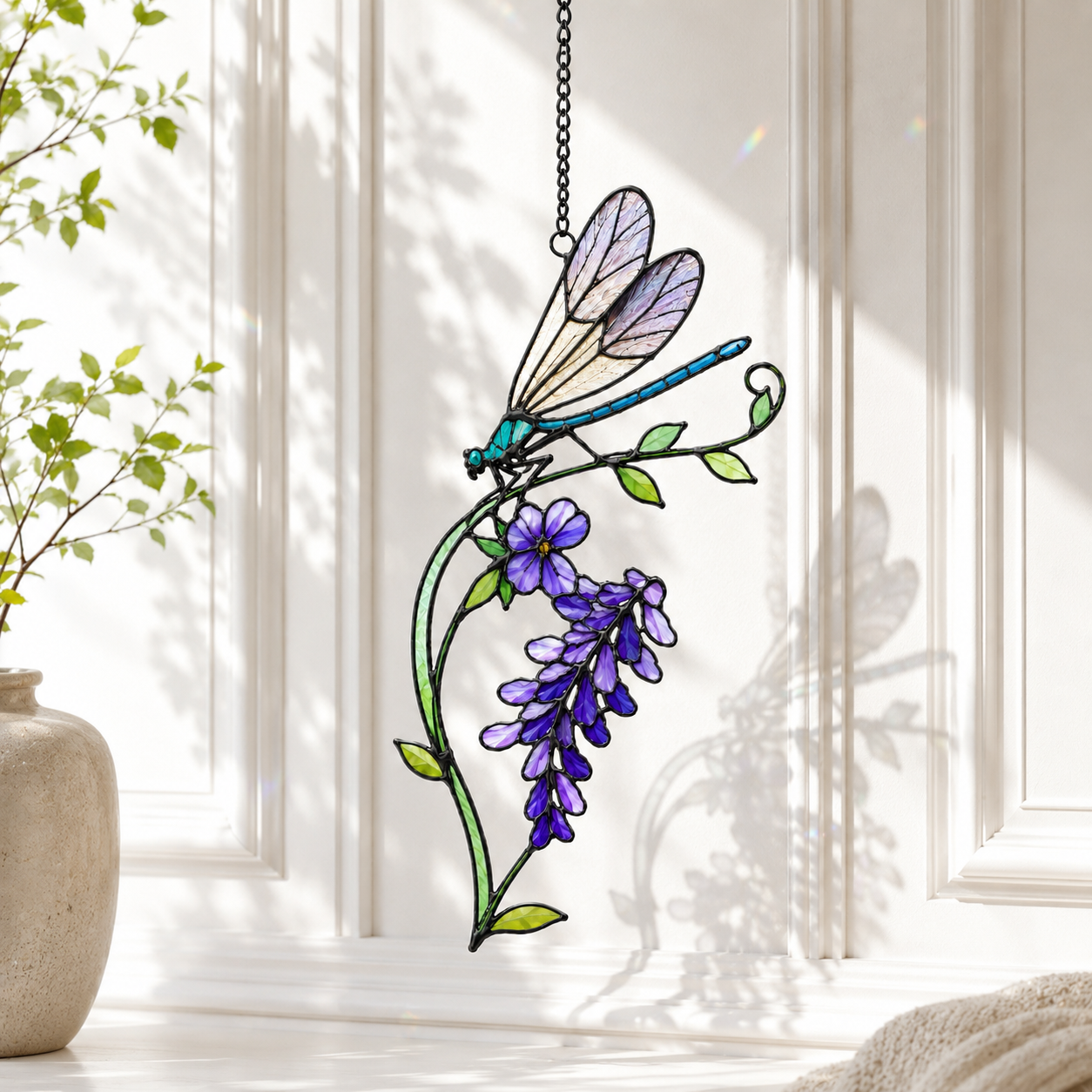 Dragonfly & Purple Wisteria Holographic Acrylic Suncatcher