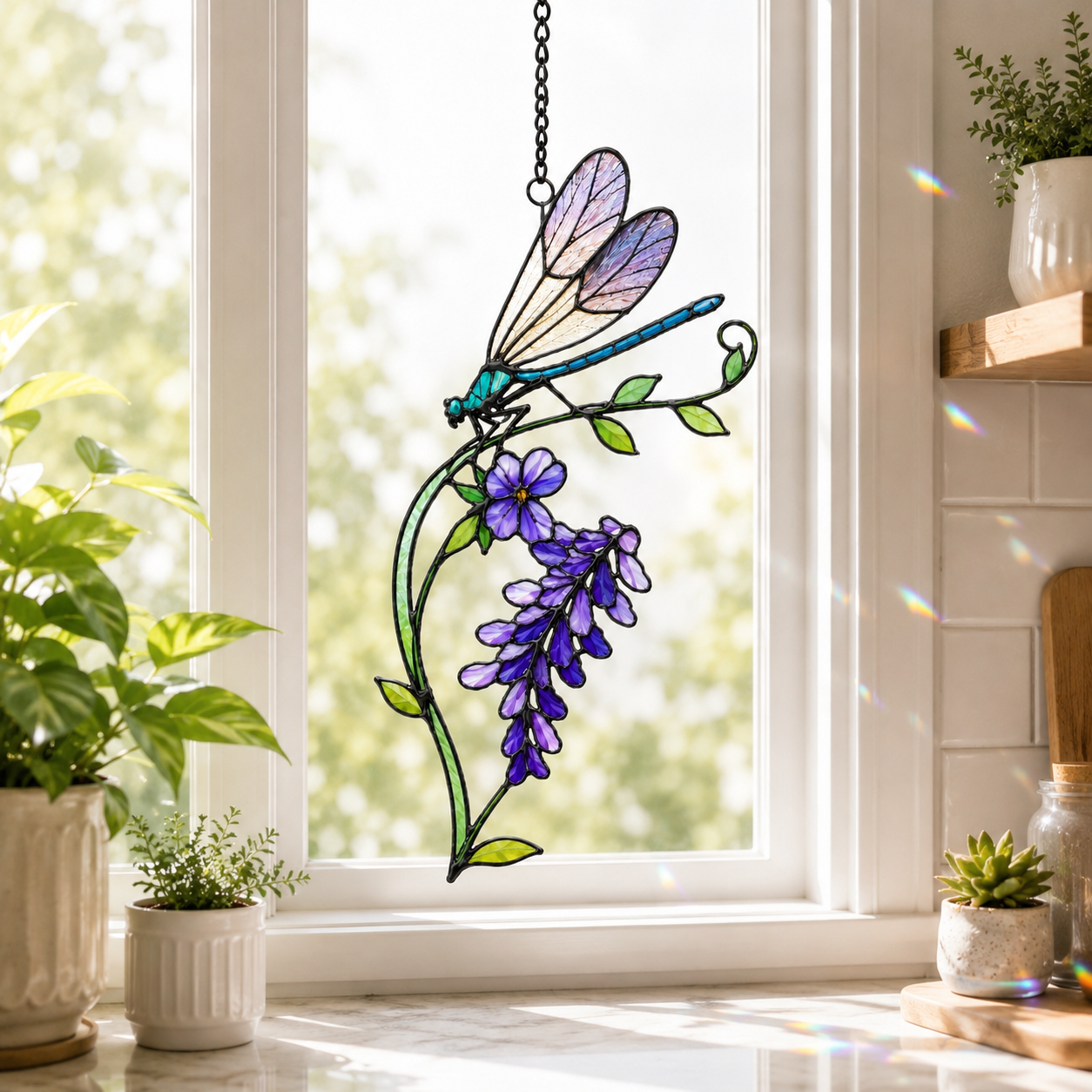 Dragonfly & Purple Wisteria Holographic Acrylic Suncatcher