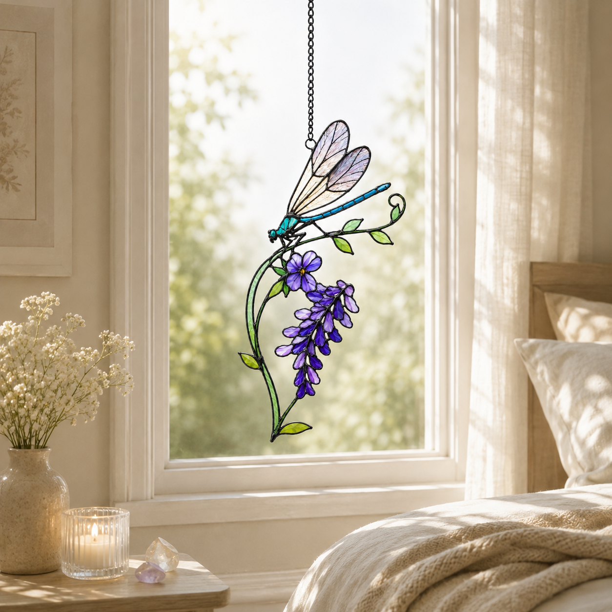 Dragonfly & Purple Wisteria Holographic Acrylic Suncatcher