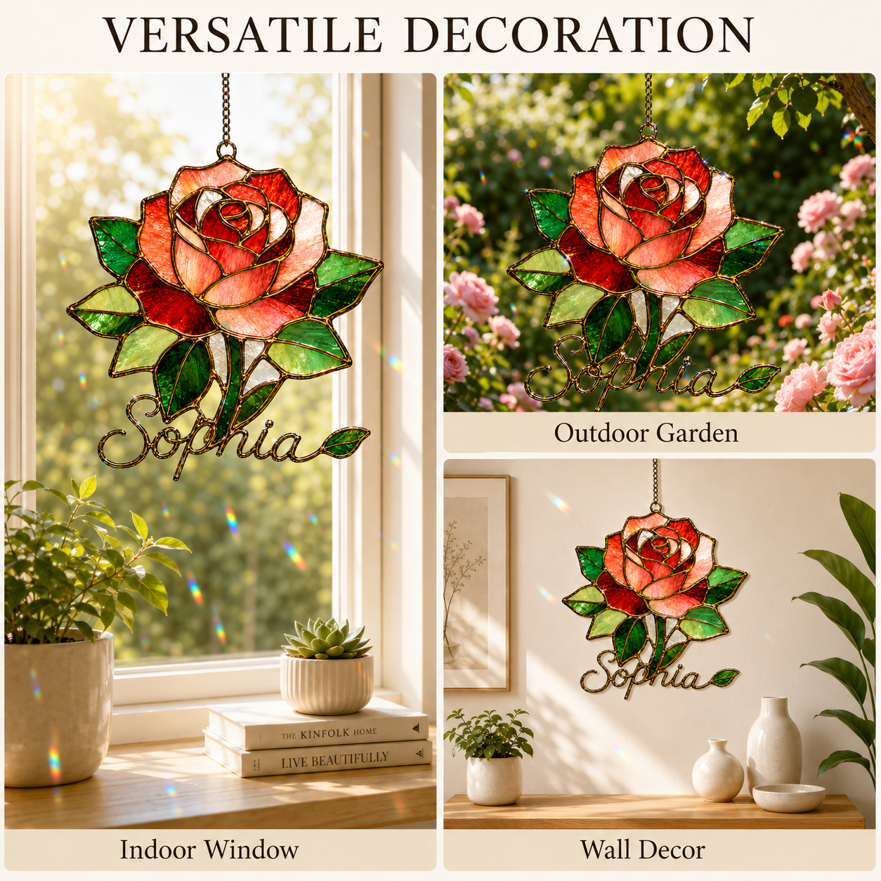 Personalized Red Rose Holographic Acrylic Suncatcher
