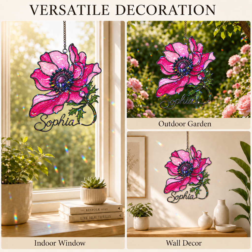 Personalized Pink Anemone Flower Holographic Acrylic Suncatcher