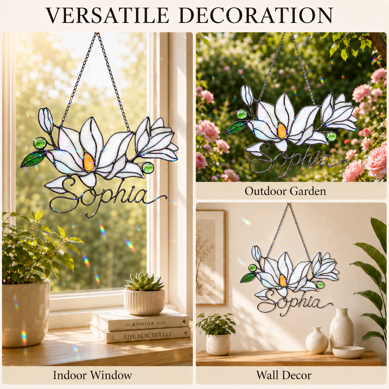 Personalized White Magnolia Branch Holographic Acrylic Suncatcher