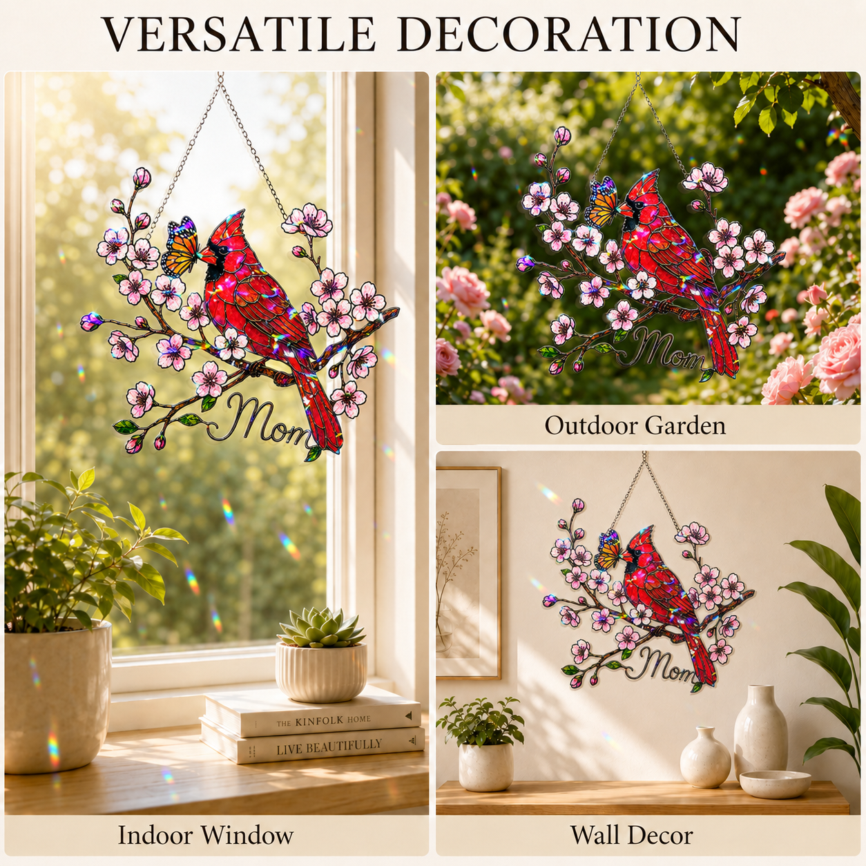 Personalized Cardinal & Cherry Blossom Holographic Acrylic Suncatcher