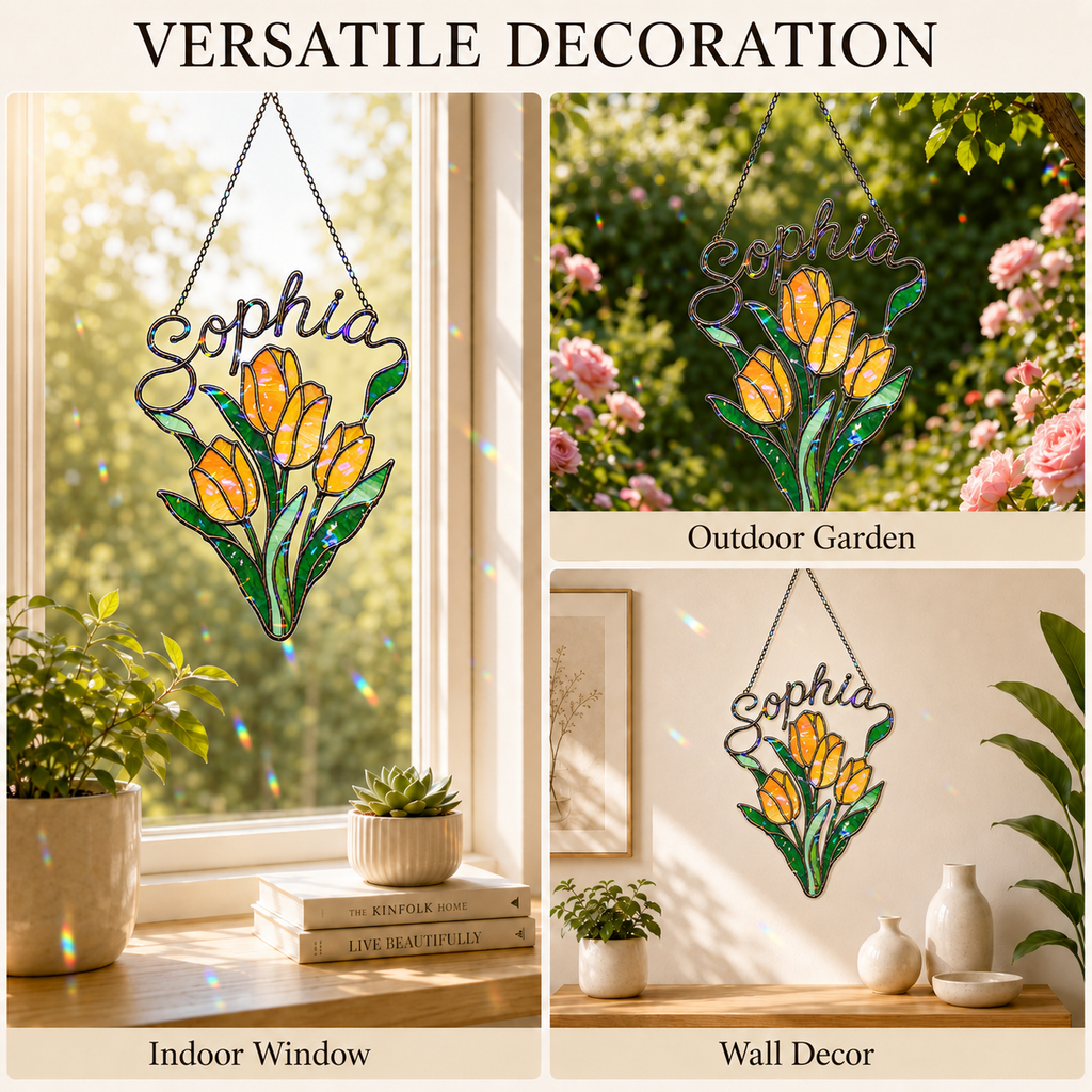 Personalized Yellow Tulip Bouquet Holographic Acrylic Suncatcher