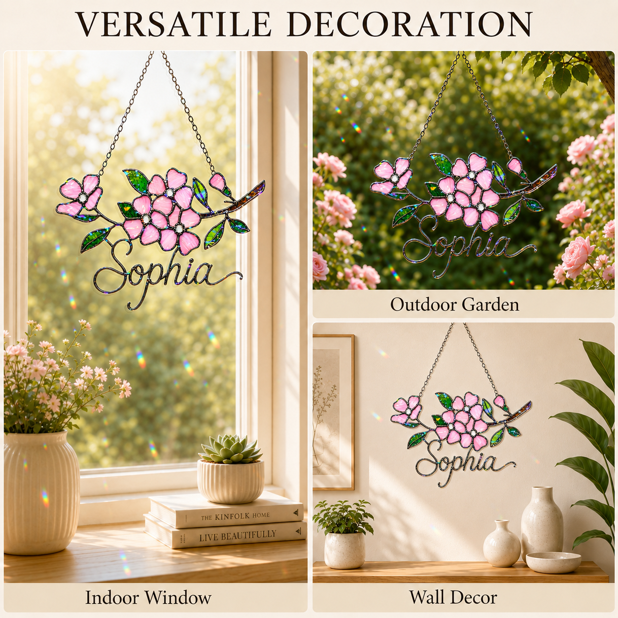Personalized Pink Cherry Blossom Branch Holographic Acrylic Suncatcher