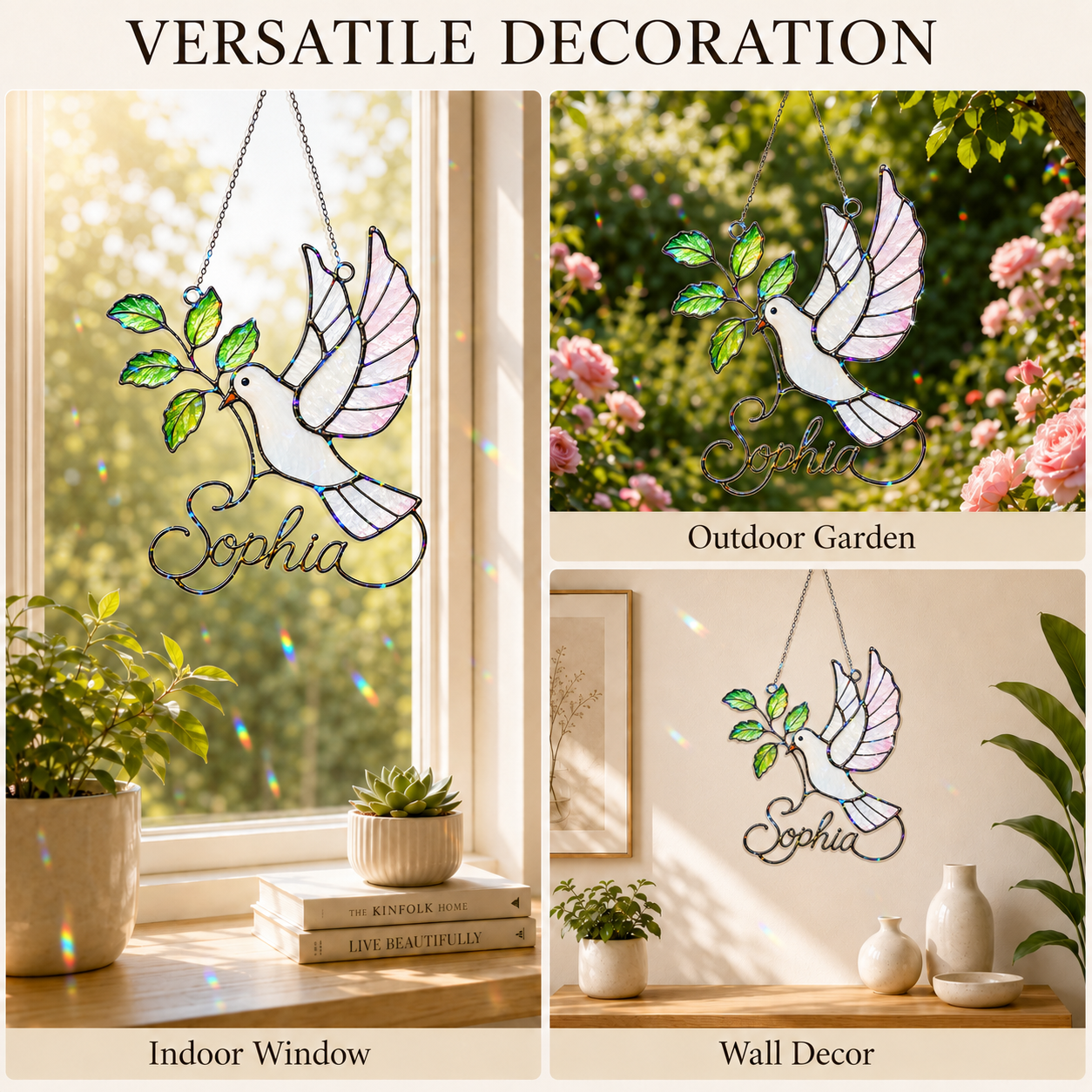 Personalized White Dove & Olive Branch Holographic Acrylic Suncatcher