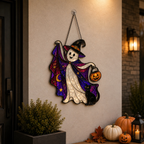Trick-or-Treat Ghost with Pumpkin Bucket Holographic Acrylic Suncatcher