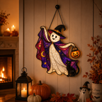 Trick-or-Treat Ghost with Pumpkin Bucket Holographic Acrylic Suncatcher