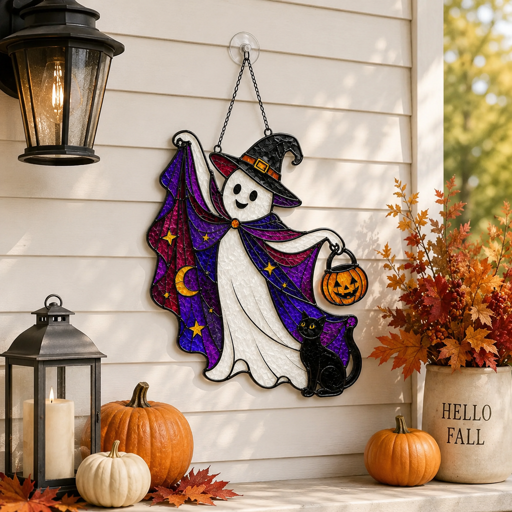 Trick-or-Treat Ghost with Pumpkin Bucket Holographic Acrylic Suncatcher