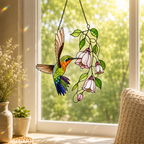 Hummingbird & Pink Fuchsia Flowers Holographic Acrylic Suncatcher