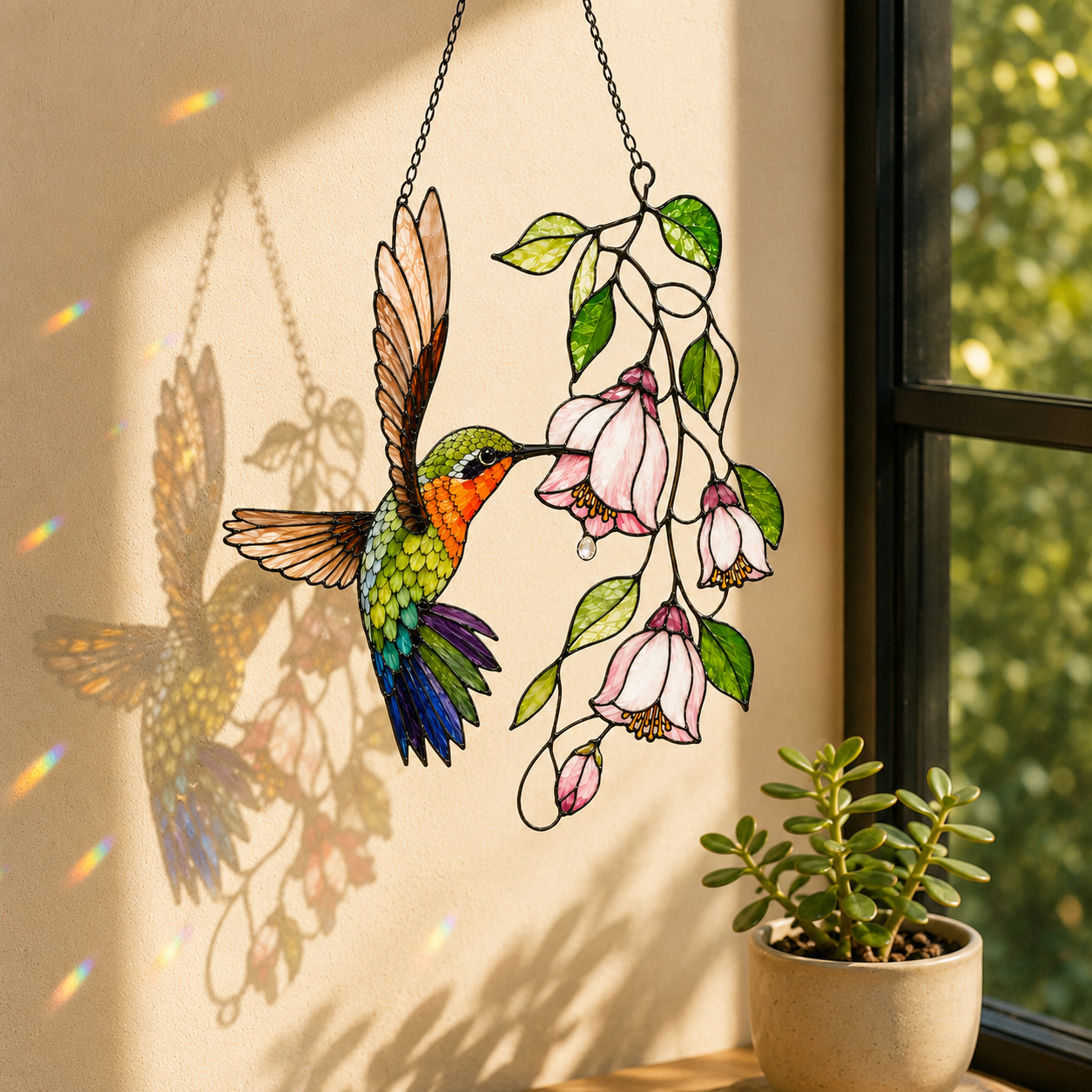 Hummingbird & Pink Fuchsia Flowers Holographic Acrylic Suncatcher