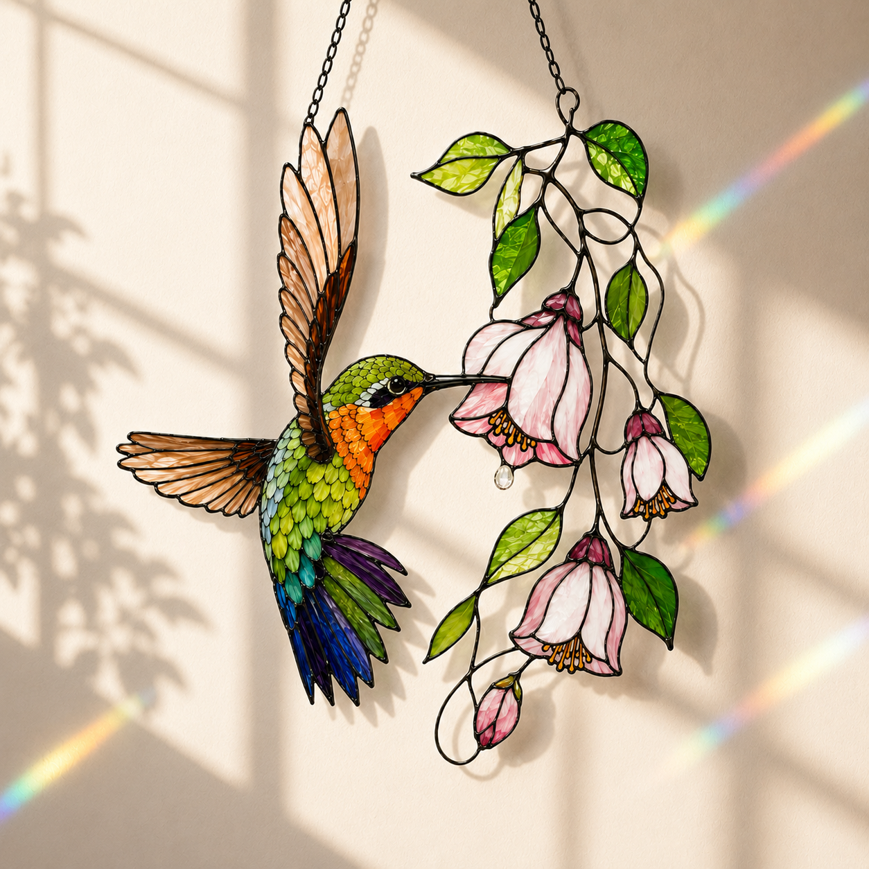 Hummingbird & Pink Fuchsia Flowers Holographic Acrylic Suncatcher