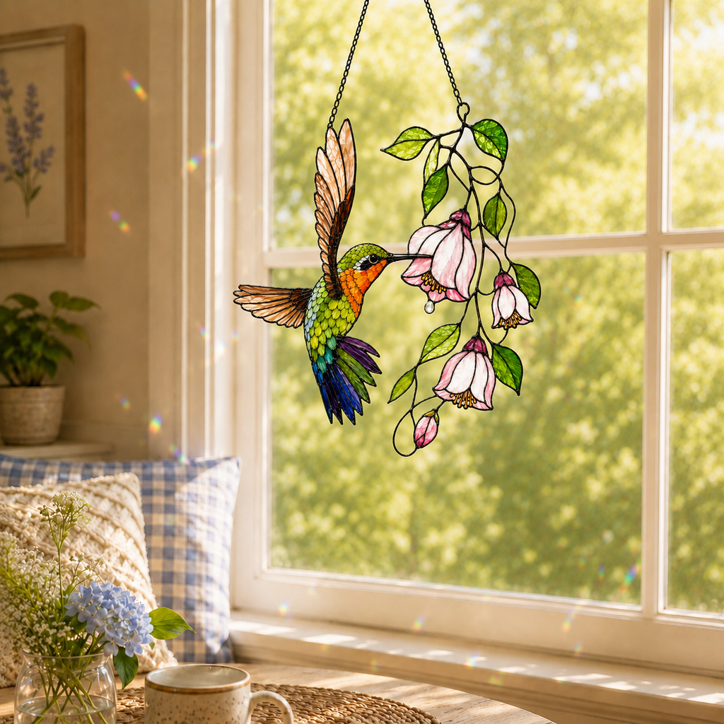 Hummingbird & Pink Fuchsia Flowers Holographic Acrylic Suncatcher