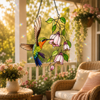 Hummingbird & Pink Fuchsia Flowers Holographic Acrylic Suncatcher