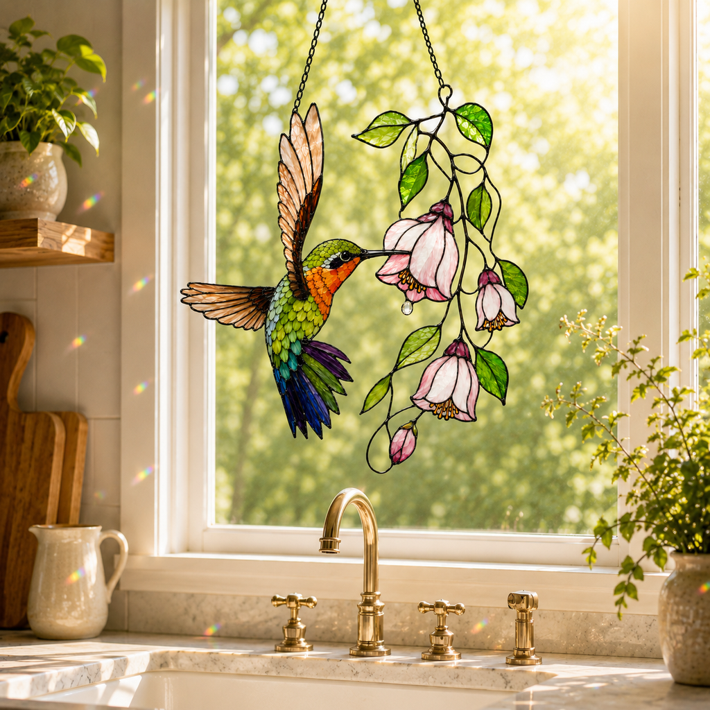 Hummingbird & Pink Fuchsia Flowers Holographic Acrylic Suncatcher