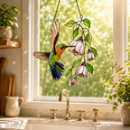 Hummingbird & Pink Fuchsia Flowers Holographic Acrylic Suncatcher