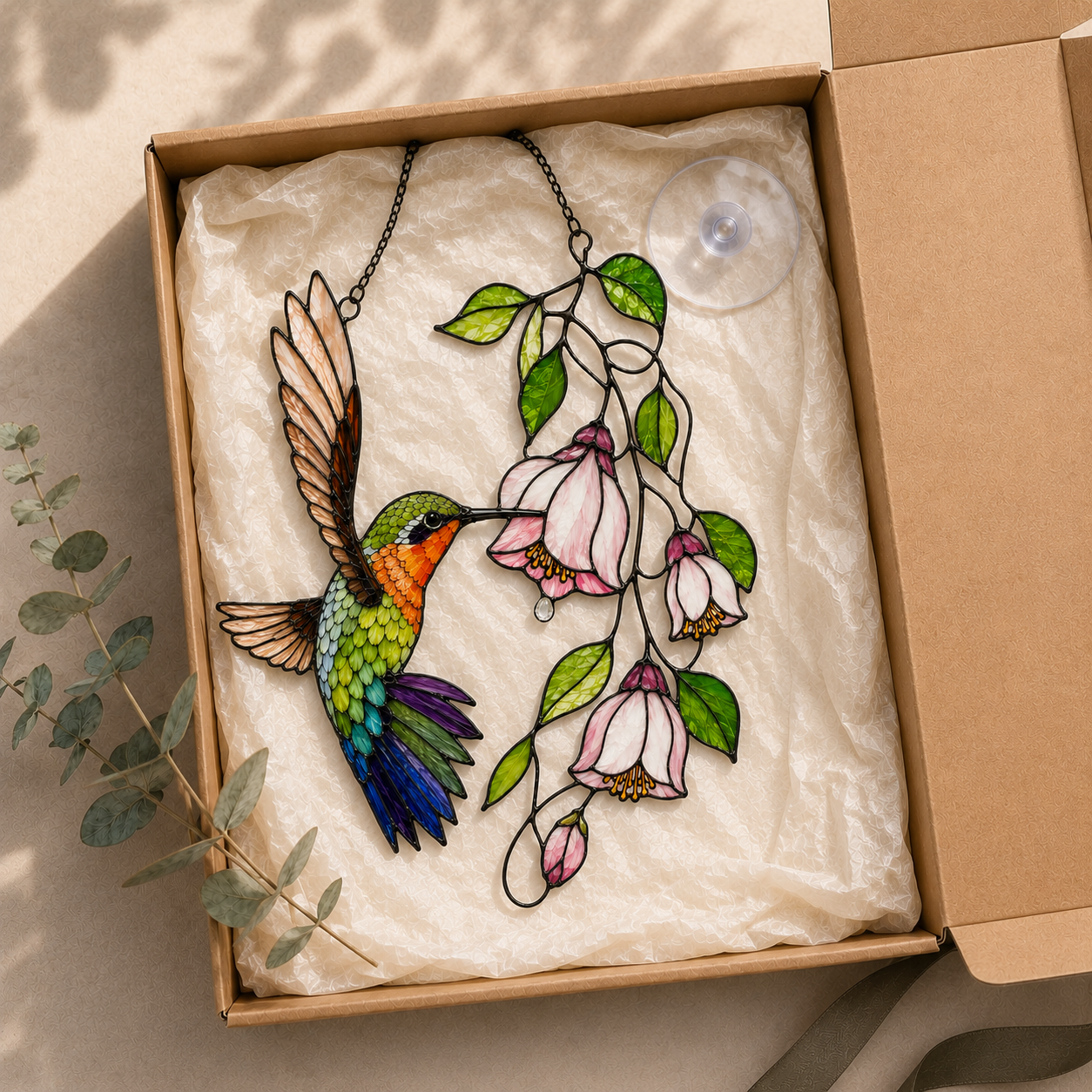 Hummingbird & Pink Fuchsia Flowers Holographic Acrylic Suncatcher