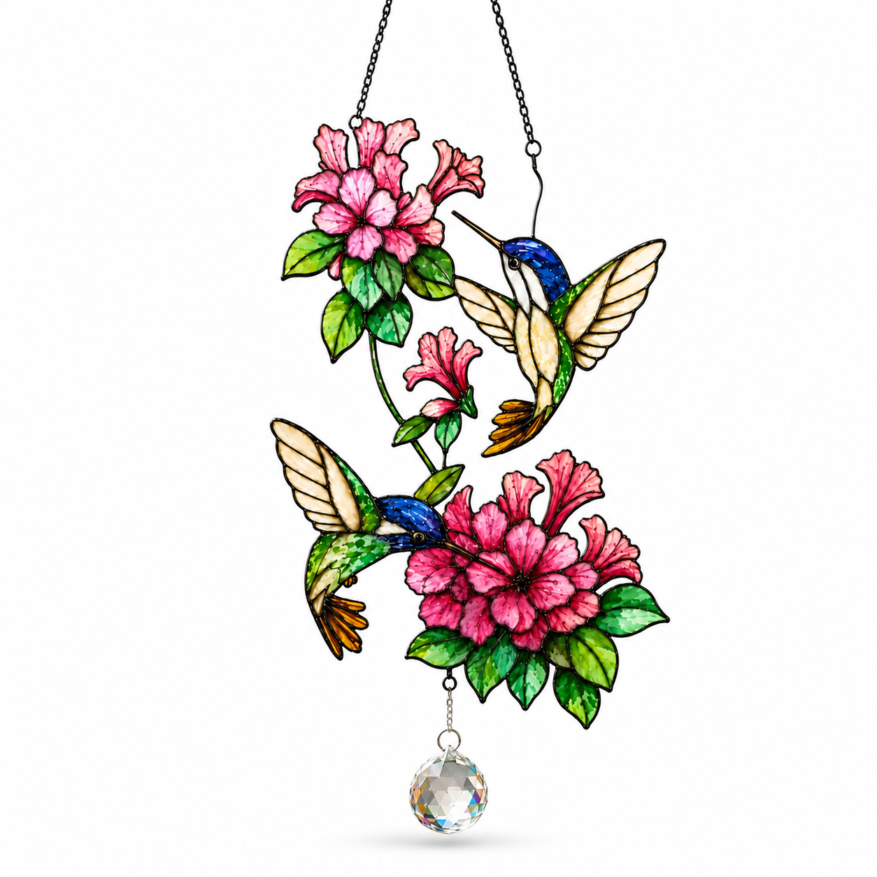 Twin Hummingbirds & Pink Blossoms Holographic Acrylic Suncatcher
