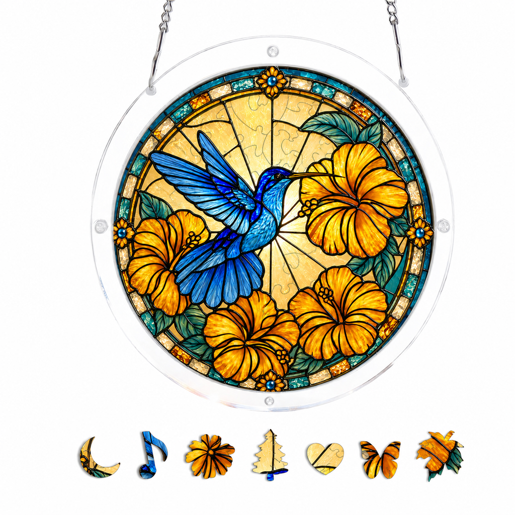 Azure Hibiscus Flight Hummingbird Acrylic Puzzle Suncatcher