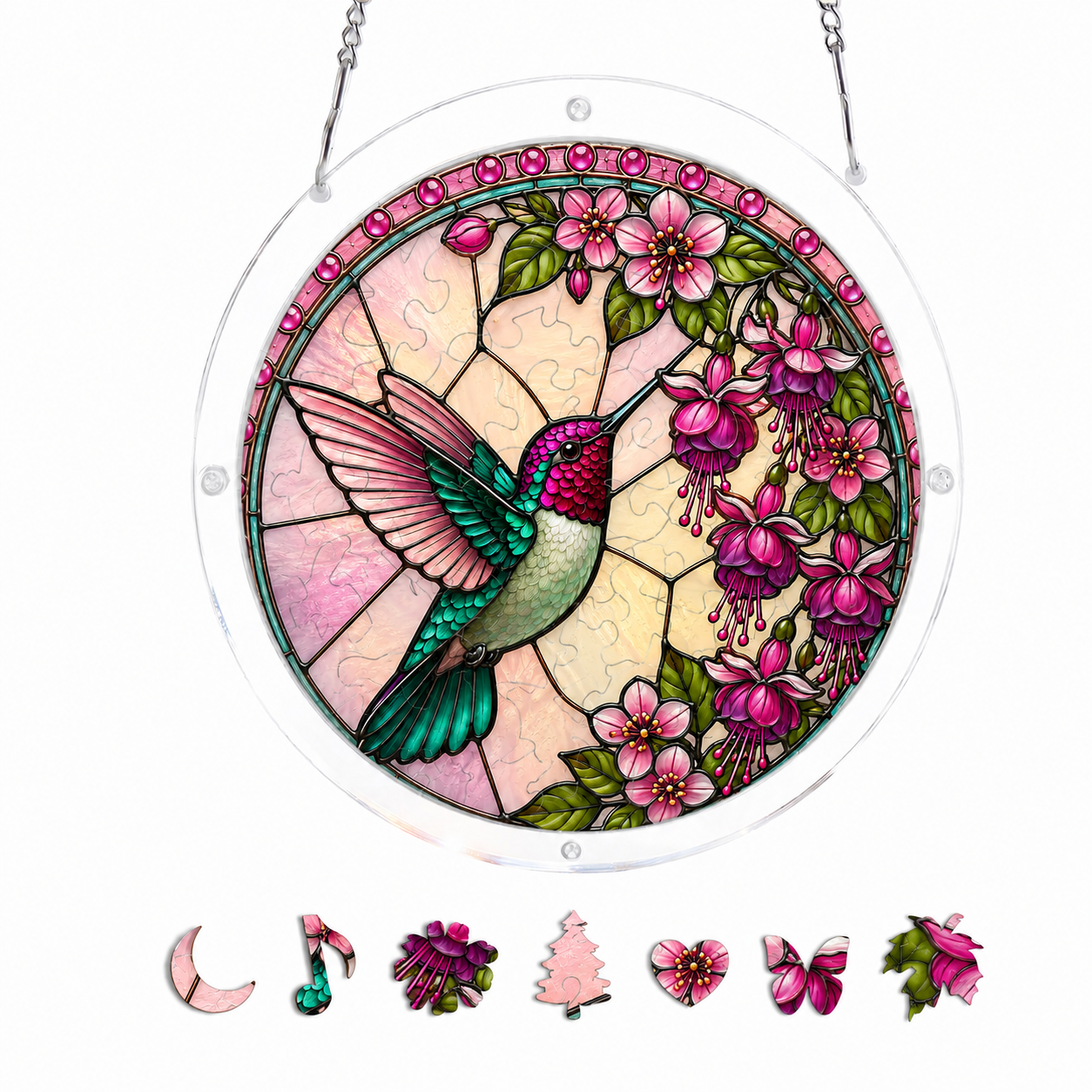 Roseglow Hummingbird Garden Acrylic Puzzle Suncatcher