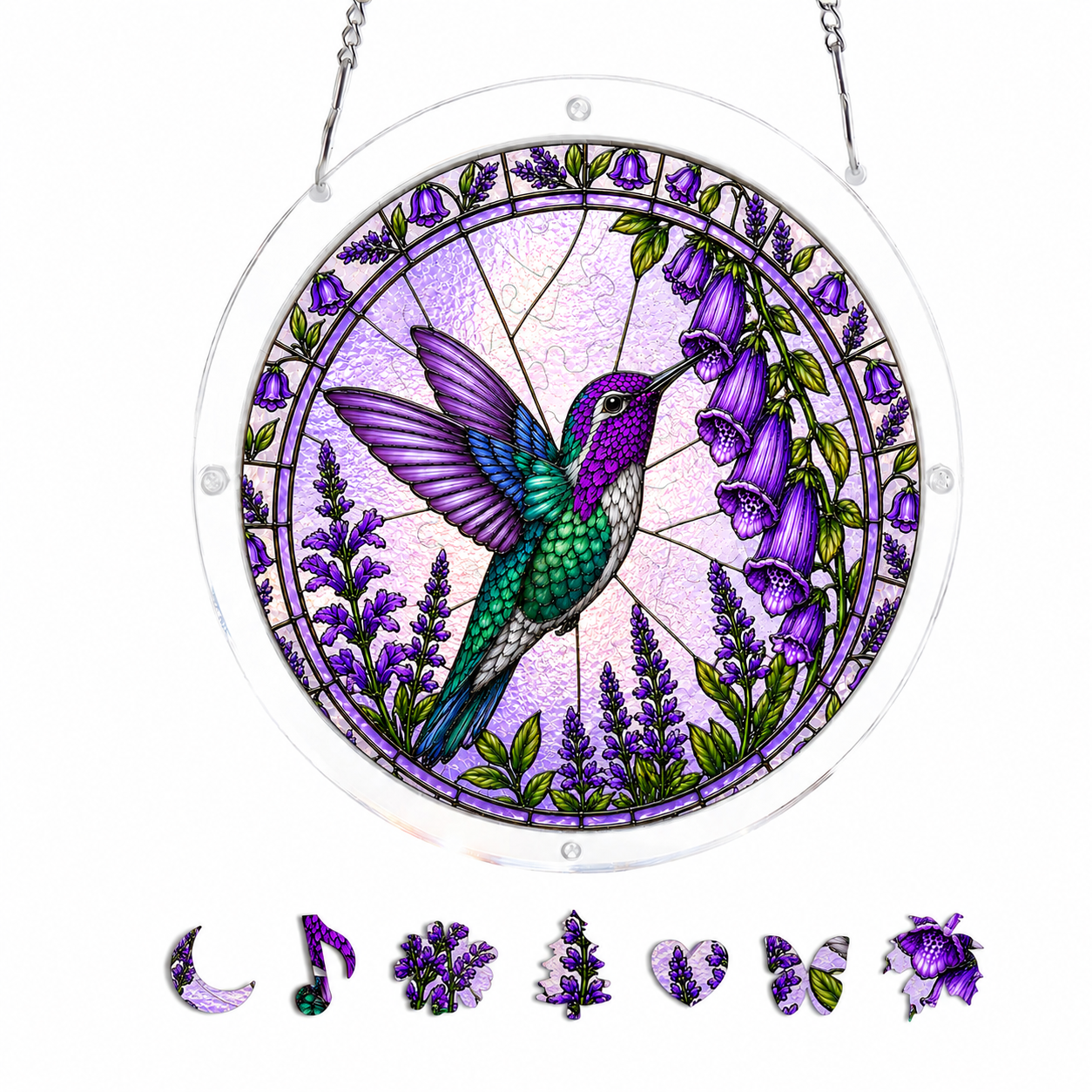 Amethyst Bellflower Hummingbird Acrylic Puzzle Suncatcher
