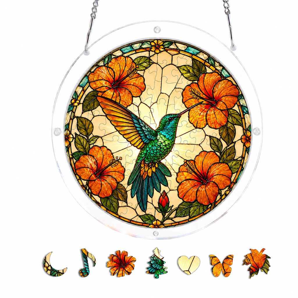 Sunburst Hibiscus Hummingbird Acrylic Puzzle Suncatcher