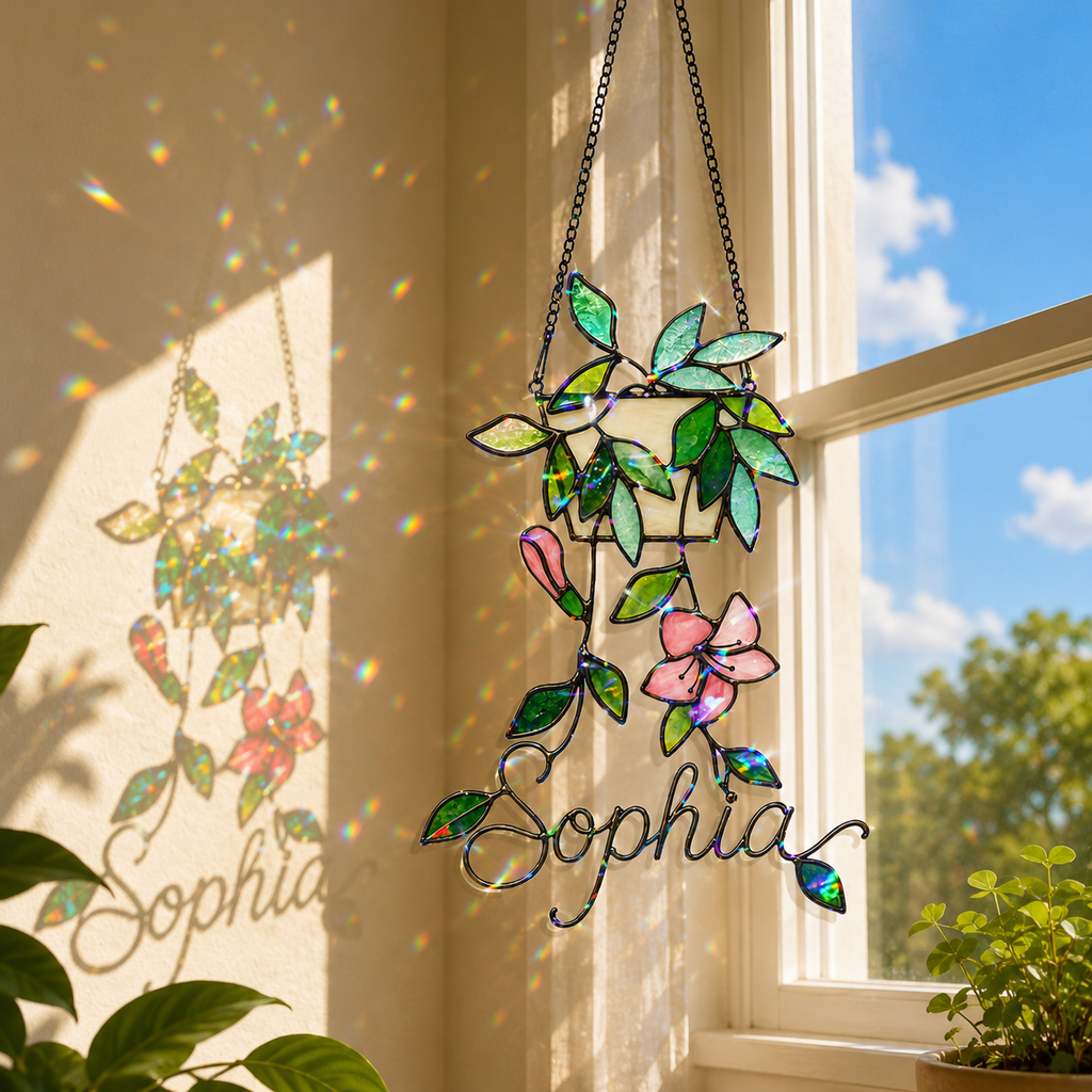 Personalized Hanging Planter Flower Holographic Acrylic Suncatcher