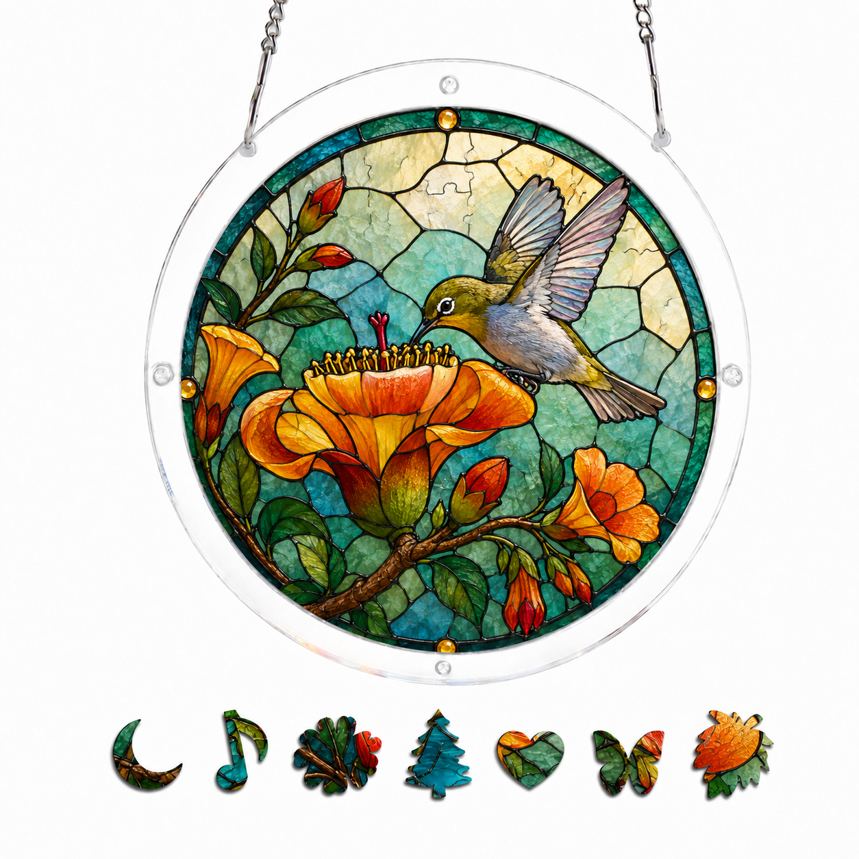 Orange Flower Hummingbird Puzzle Suncatcher